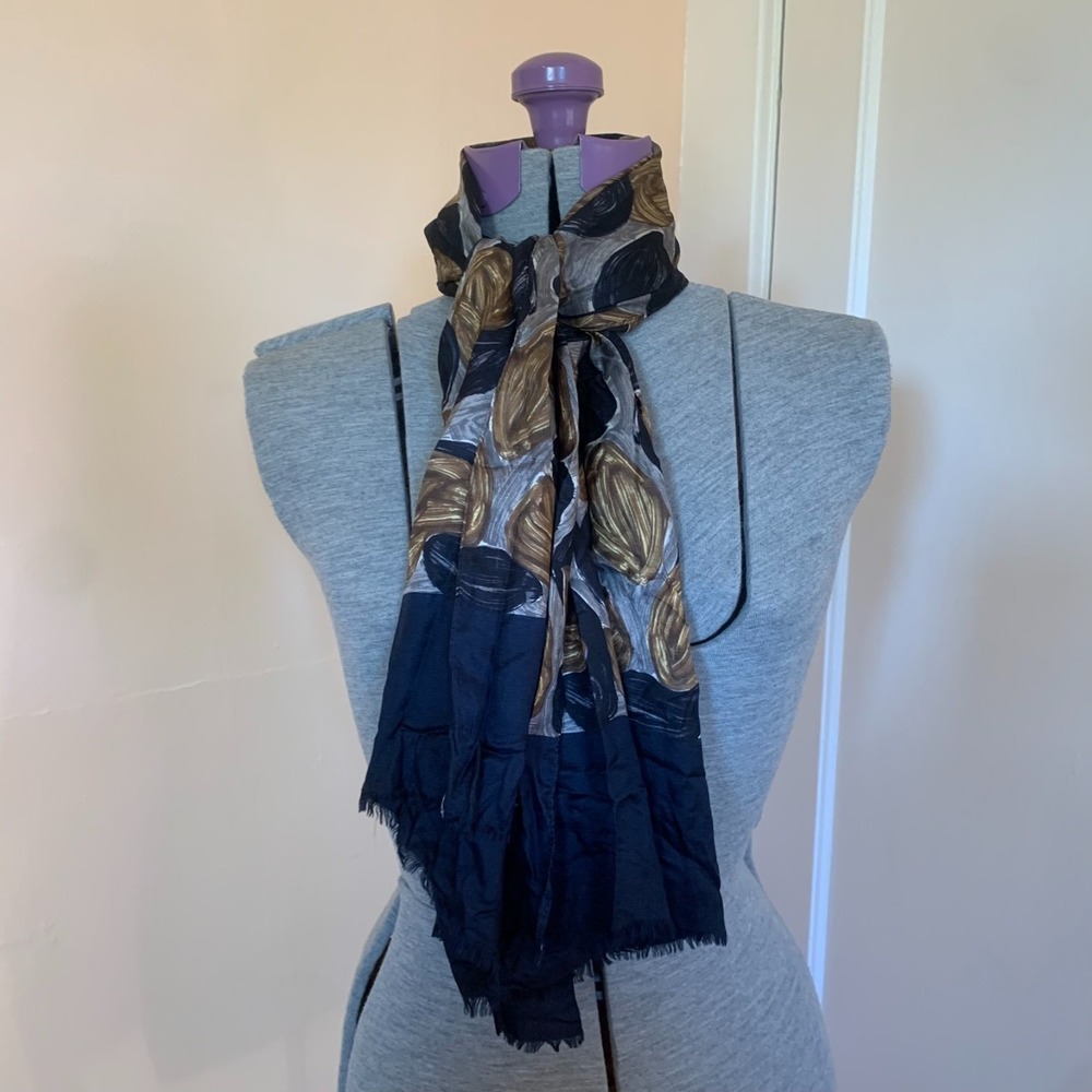 Abstract Painterly Brushstroke Print Scarf Black Gold Grey Frayed Fringe Wrap